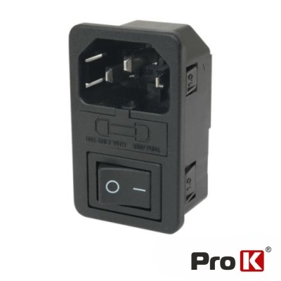 Tomada elétrica preta com interruptor liga/desliga e logótipo ProK