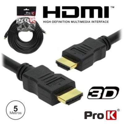 Cabo HDMI preto Pro K com conectores dourados e embalagem com texto 3D e 5 Metros