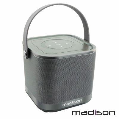 Coluna portátil cinzenta com pega e logótipo madison