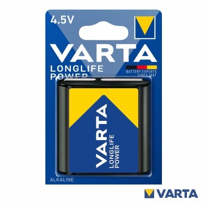 Pilha Varta Longlife Power alcalina 4,5V em embalagem azul e amarela