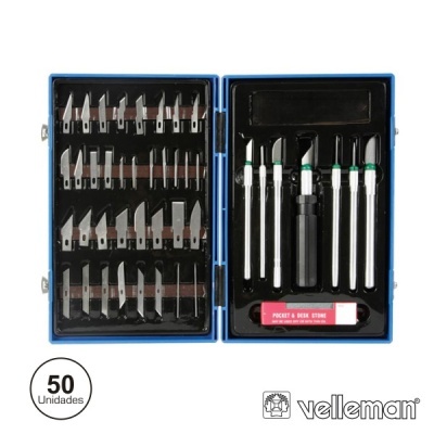 Conjunto de ferramentas Velleman com várias lâminas e ferramentas em estojo azul