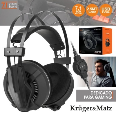 Auscultadores Krüger & Matz pretos para gaming com cabo USB e som virtual 7.1