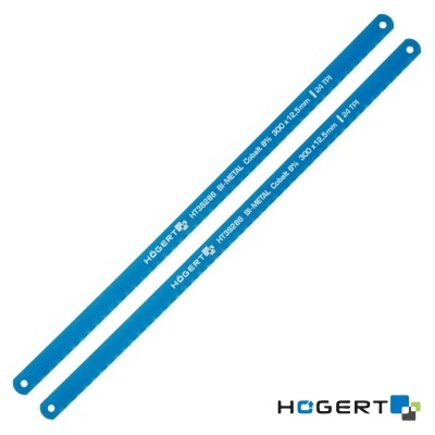 Duas lâminas azuis de serra de metal com texto branco, sobre fundo branco, marca HÖGERT