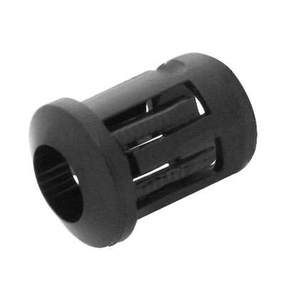 Peça cilíndrica preta de plástico com laterais abertas e bordas lisas