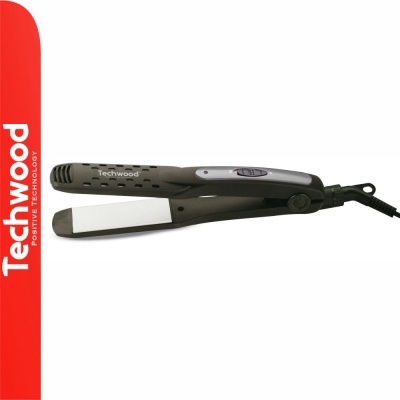 Prancha de cabelo preta Techwood com placas brancas e botão de controle