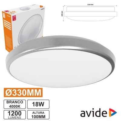 Plafon LED redondo branco com caixa de embalagem e especificações técnicas