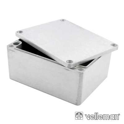 Caixa metálica retangular prateada com tampa ligeiramente aberta e logótipo Velleman