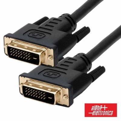 Cabo com conectores DVI-D dourados em fundo branco e logotipo alpha elettronica