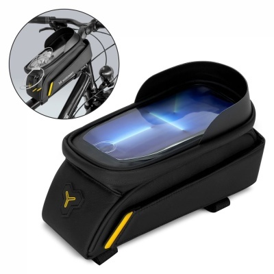 Bolsa para bicicleta preta com detalhes amarelos e parte superior transparente para smartphone