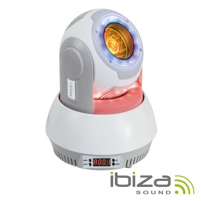 Dispositivo eletrónico branco e cinza com luzes laranja e azul e visor digital da marca Ibiza Sound