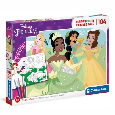 Caixa de puzzle Disney Princess dupla face com 104 peças e 3 marcadores