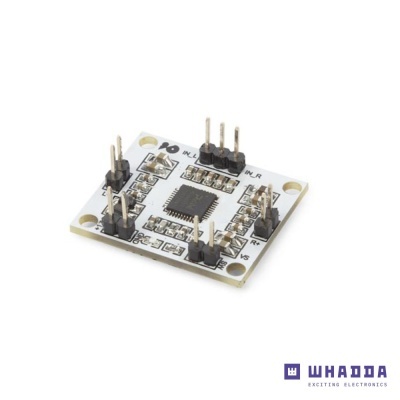 Placa eletrónica branca com chip preto e conectores de pinos