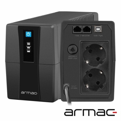 Estabilizador Armac preto com duas tomadas elétricas e conexões USB e FAX/MODEM