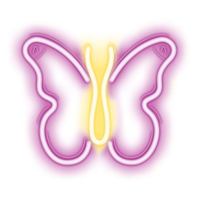 Neon em forma de borboleta com luz rosa e amarela