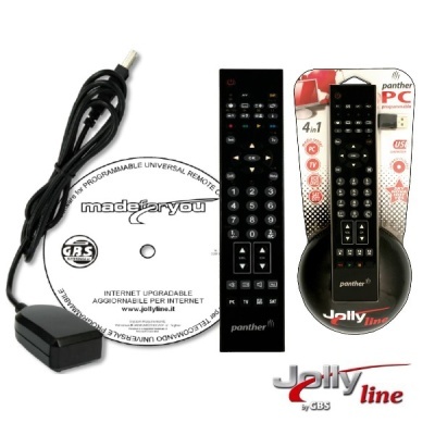 Telecomando universal preto com CD, cabo USB e embalagem colorida