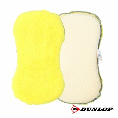 Esponja de limpeza amarela com lado branco texturizado e logo Dunlop