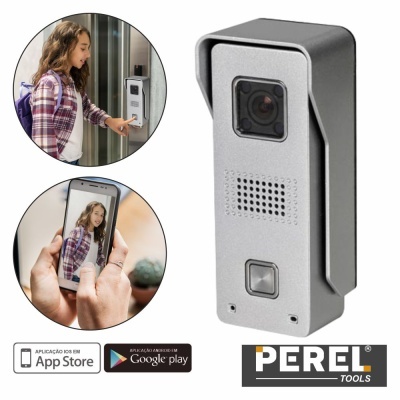 Intercomunicador de vídeo Perel Tools com câmera, botão e ícones das app stores.