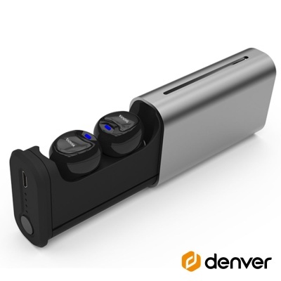 Auriculares sem fios pretos com caixa de carregamento cinzenta e logótipo denver