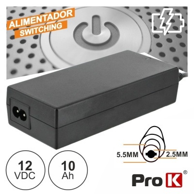 Alimentador switching preto com conector 5.5mm x 2.5mm, texto ALIMENTADOR SWITCHING e logotipo Pro K