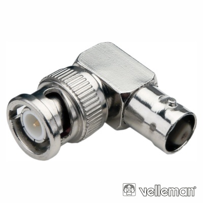 Conector metálico prateado com cabeça BNC em ângulo e logo Velleman