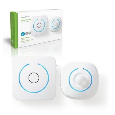 Detetor de movimento branco com anel azul, junto à embalagem da marca nedis