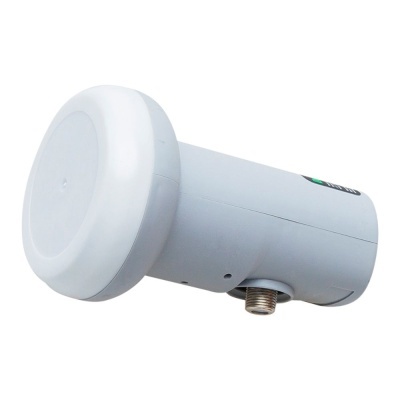 LNB satélite branco com conetor metálico e cobertura circular