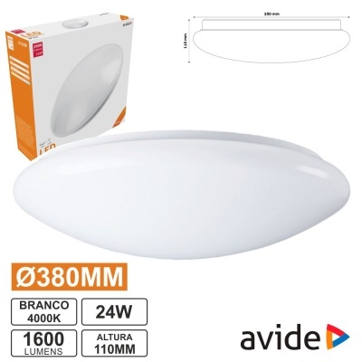 Plafon LED oval branco com embalagem e especificações técnicas