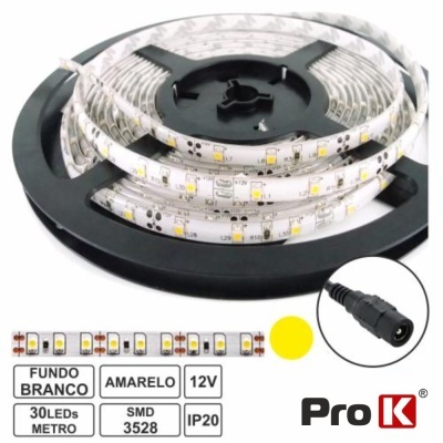 Rolo de fita de LED branco com LEDs amarelos e conector preto