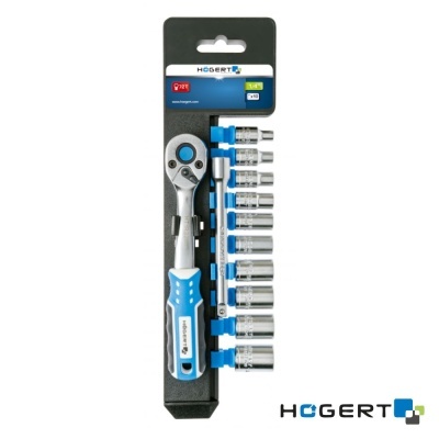 Conjunto de soquetes e chave de catraca Högert em suporte preto com cabo azul e branco