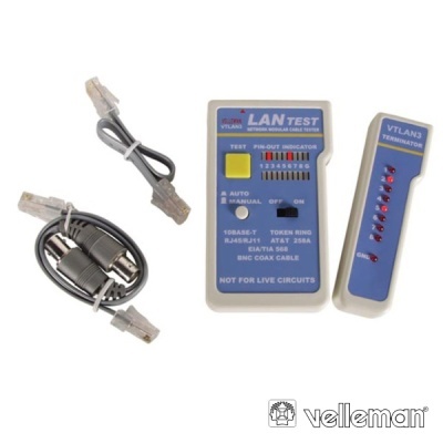 Conjunto de teste LAN azul e cabo LAN com conectores RJ45 e cabo coaxial BNC