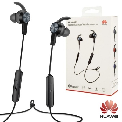 Auscultadores Huawei Sport Bluetooth pretos ao lado da embalagem branca com imagem e texto do produto
