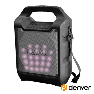 Coluna portátil preta com luzes LED roxas e alça de transporte ajustável