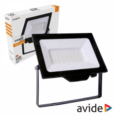 Projetor LED retangular preto e branco com 48 LEDs da Avide com embalagem ao fundo