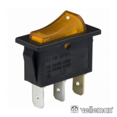 Interruptor basculante preto com botão amarelo e três terminais metálicos