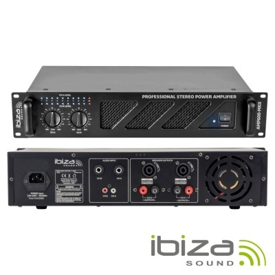 Amplificador profissional de som Ibiza Sound preto com controles e entradas áudio.