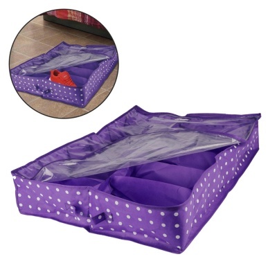 Organizador de sapatos roxo com estampa de bolinhas brancas e tampa transparente