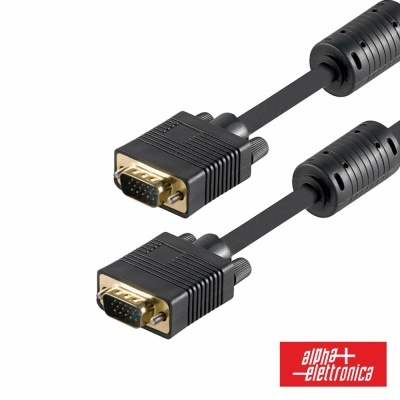 Cabo VGA preto com conectores dourados e logo alpha elettronica em fundo branco