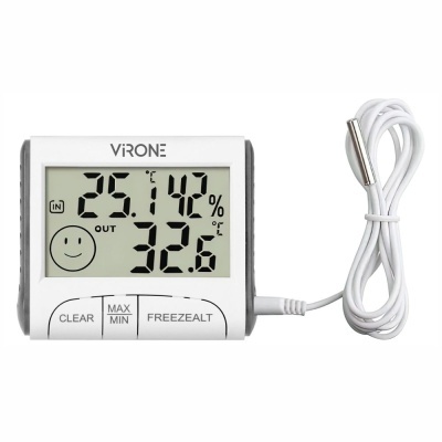 Termómetro e higrómetro digital Virone com ecrã LCD e cabo branco com sensor externo.