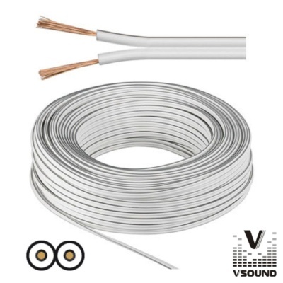 Bobina de cabo elétrico branco com fios de cobre expostos e logótipo VSOUND
