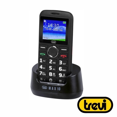 Telefone sem fios preto Trevi MAX 10 em base de carregamento
