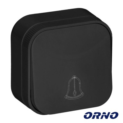 Campainha elétrica preta quadrada com desenho de sino e logótipo ORNO