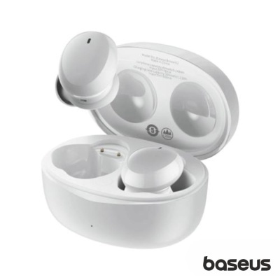 Auscultadores sem fios brancos no estojo de carregamento branco com logótipo Baseus