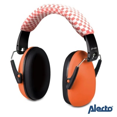 Proteção auditiva Alecto com conchas ovais laranja e preto e arco xadrez