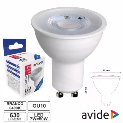 Lâmpada LED GU10 branca da avide com embalagem e informações técnicas ao lado