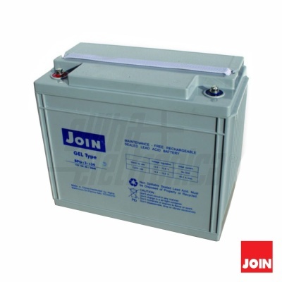 Bateria GEL recarregável cinza claro com alça e terminais vermelho e azul