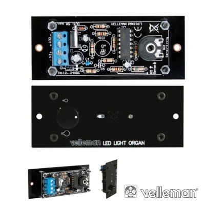 Placa eletrônica preta com componentes e texto Velleman LED Light Organ