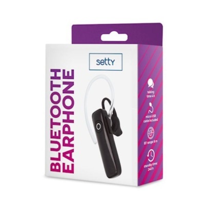 Auricular bluetooth preto com gancho na embalagem Setty branca e roxa
