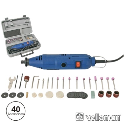 Conjunto de ferramenta rotativa azul com acessórios variados e estojo cinzento aberto