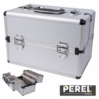 Mala de ferramentas Perel Tools em alumínio cinza com divisórias internas