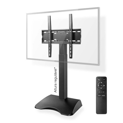 Suporte de TV preto com altura regulável e comando remoto preto